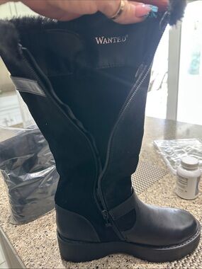 WANTED Black Mid-Calf Faux-Fur Cuff Wedge Boot